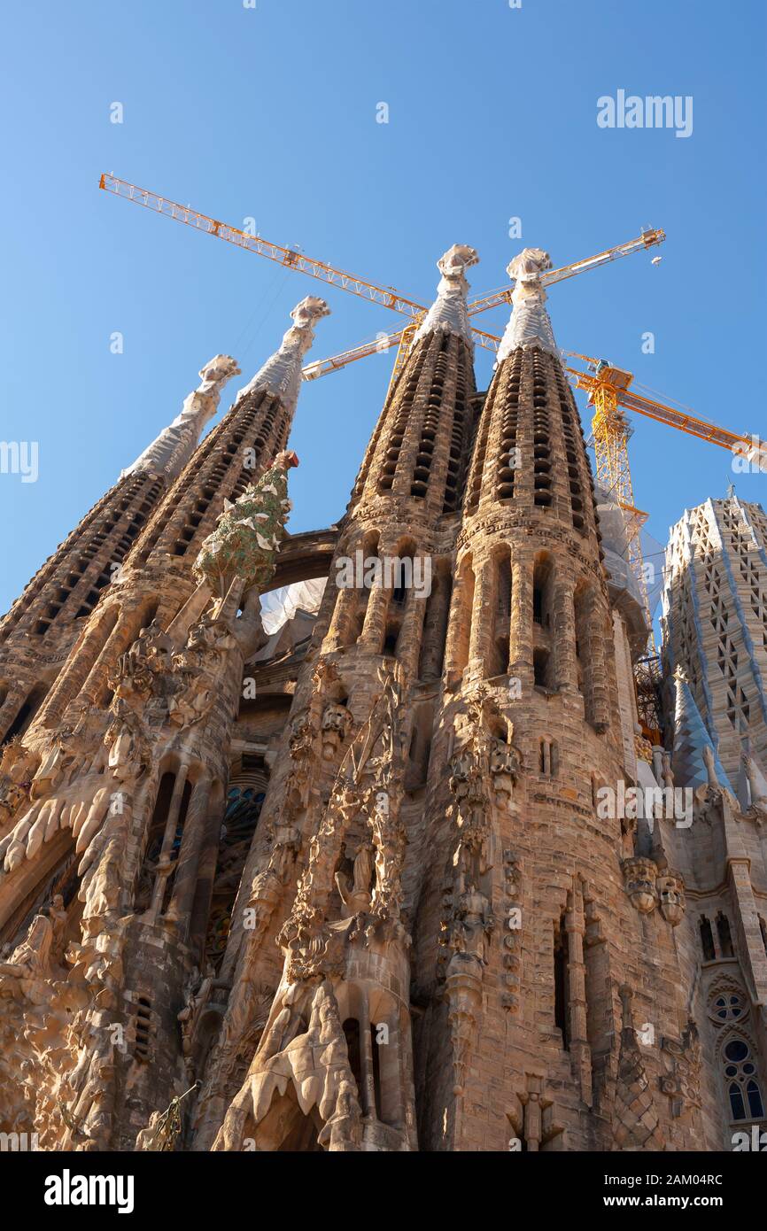 Vertical Shot of Cranes on top of Sagrada Familia Stock Photo