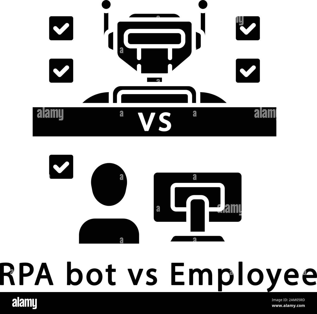RPA bot vs employee glyph icon. Benefits of using robots. Modern technologies vs traditional work. Robotic process automation. Silhouette symbol. Nega Stock Vector
