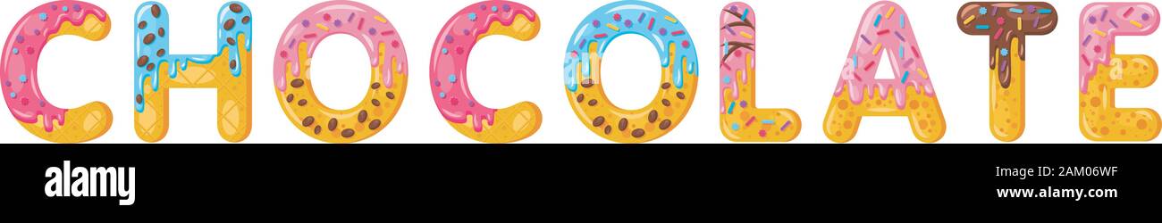 Donut cartoon chocolate biscuit bold font style. Glazed capital letters ...