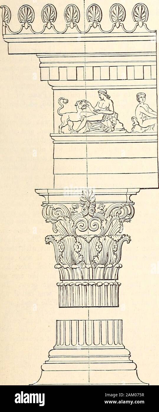 A dictionary of Greek and Roman antiquities.. . e volutes being oc-cupied by flowers, masks, or arabesques, or by an-other pair of volutes intertwining with each other.In the earlier examples, however, there is fre-quently only one row of acanthus leaves ; and inthe so-called Tower of the Winds the volutes arewanting, and the capital consists only of anastragal, a single row of acanthus leaves, and arow of tongue-shaped leaves. In all the examples,except the last-mentioned, the abacus, instead ofbeing square, as in the other orders, is hollowed atthe edges, and the middle of each edge is nrna- Stock Photo