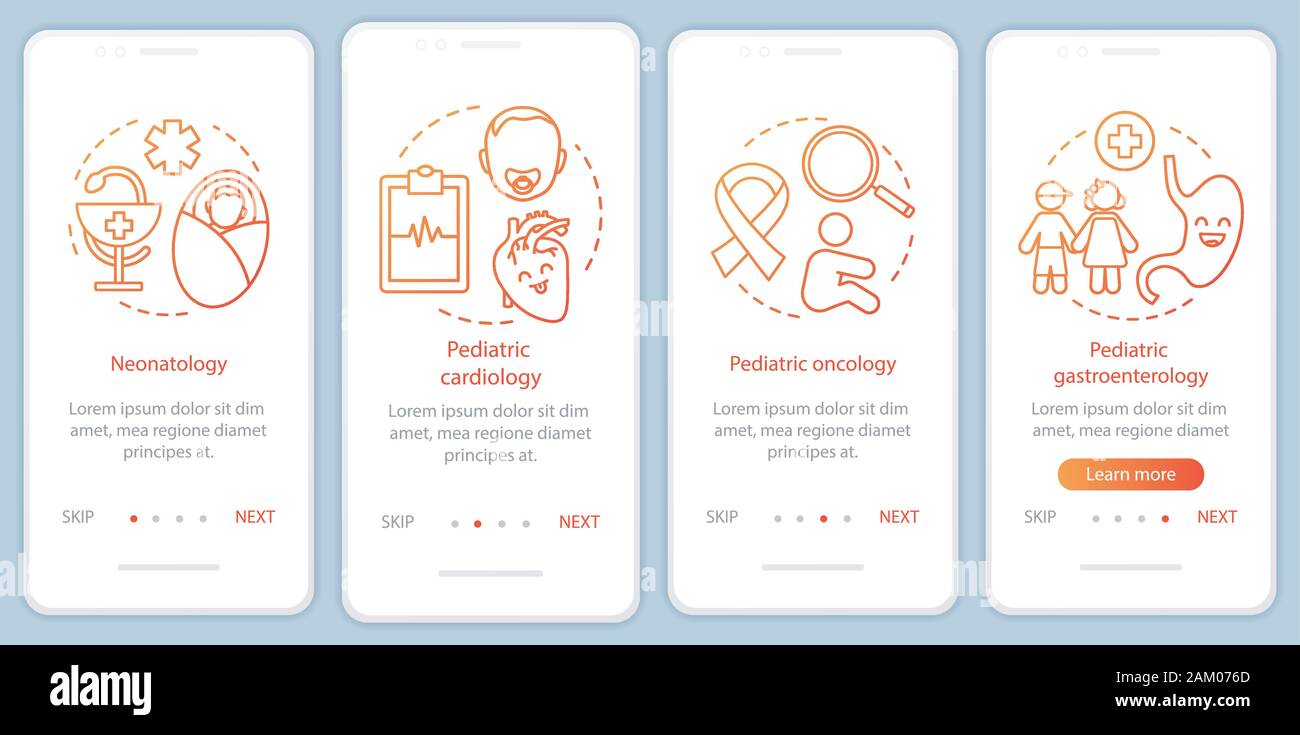Pediatric services onboarding mobile app page screen with linear ...