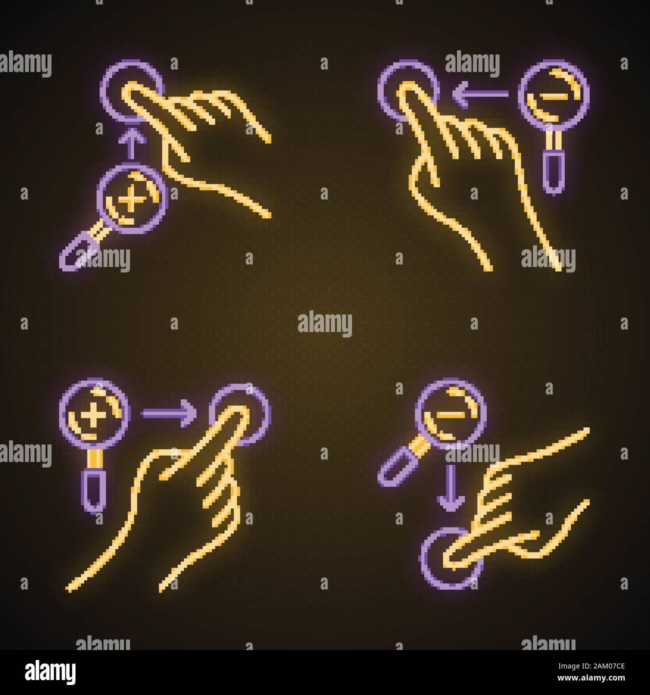 Touchscreen gestures neon light icons set. Zoom in vertical, zoom out vertical gesturing. Zoom in horizontal and zoom out horizontal. Human fingers. G Stock Vector