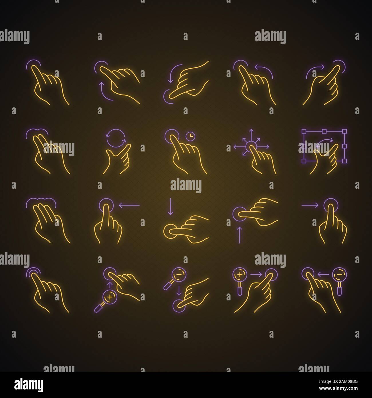 Touchscreen gestures neon light icons set. Tap, point, 2x tap, 3x click gesturing. Flick, zoom gesture. Vertical, horizontal scroll up, down. Glowing Stock Vector