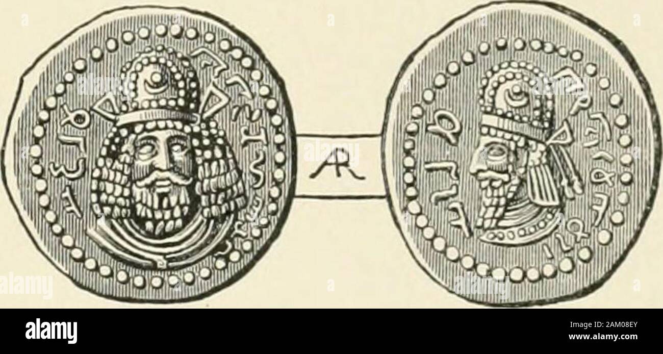 A history of all nations from the earliest times; being a universal historical library . Fig. 67. — Fa(;a(le at Sarbistan. (AfterFlandin and Coste.) Fig. 68. — Silver coin of Arda.shir andhis father Papak. (.After Thomas.) Chosroes of Armenia endeavored to unite in one common scheme ofdefence all the princes who were as yet unsubdued; but he was as-sassinated, while hunting, by Anak, an Arsacid, who had been promisedthe city of Bactra. Nevertheless, the latter, after he had accomplishedthe crime, w as taken prisoner, and put to death with his whole family,save one son, who was brought up in Ca Stock Photo