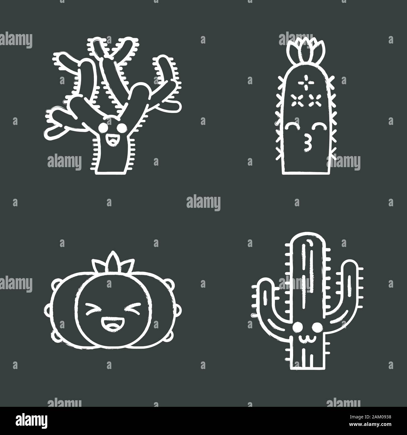 Cactuses chalk icons set. Plants with smiling faces. Laughing peyote cactus, teddy bear cholla. Kissing hedgehog wild cacti. Succulent plants. Isolate Stock Vector