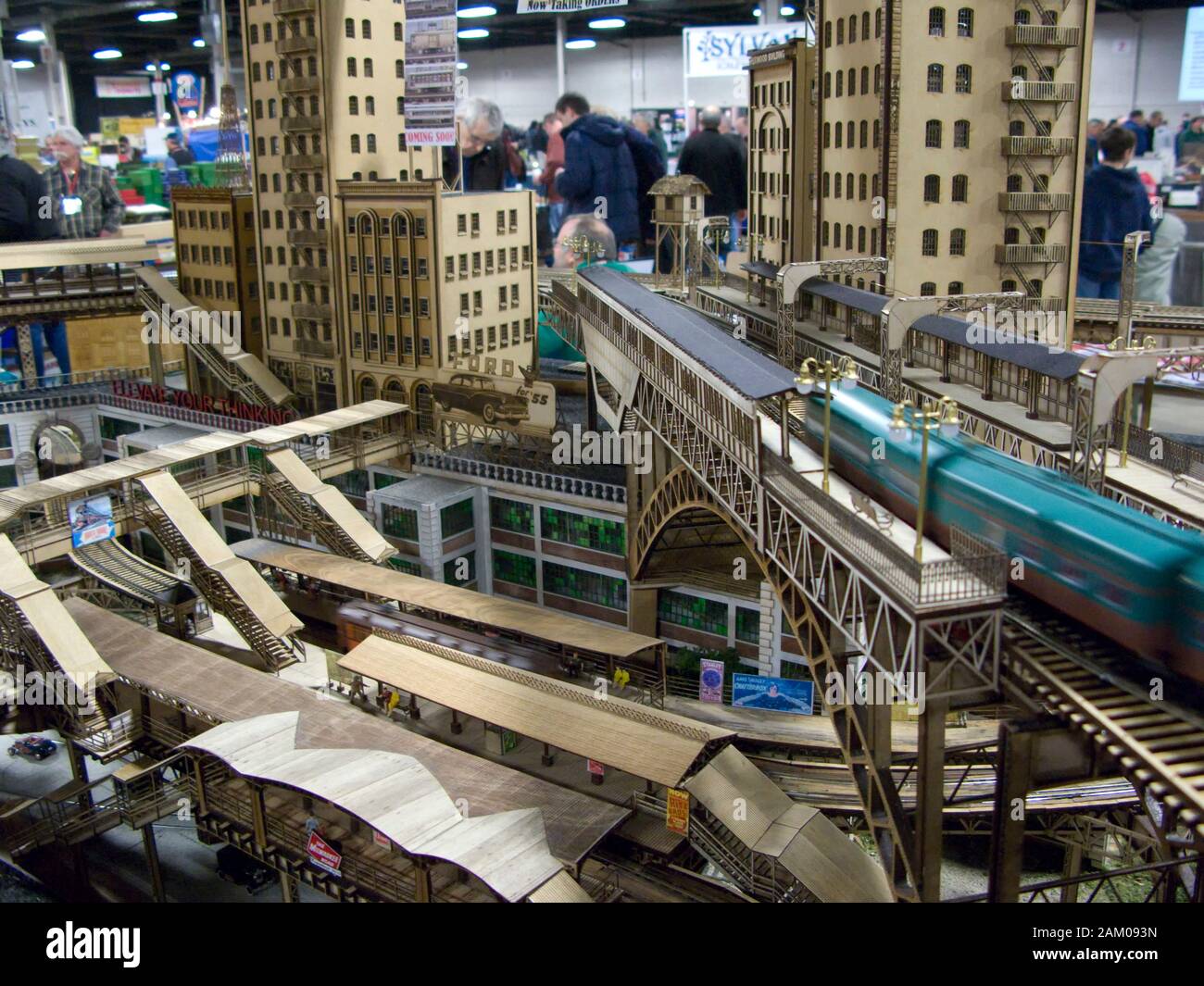 Urban theme model railroad layout displayed at a model train show in