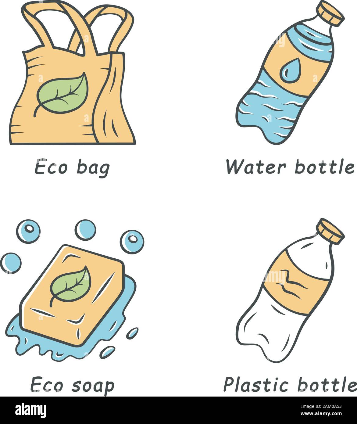 Reusable water bottles set - zero waste tips - reduce plastic waste  illustration - ecological green alternative to plastic bottles Stock Vector