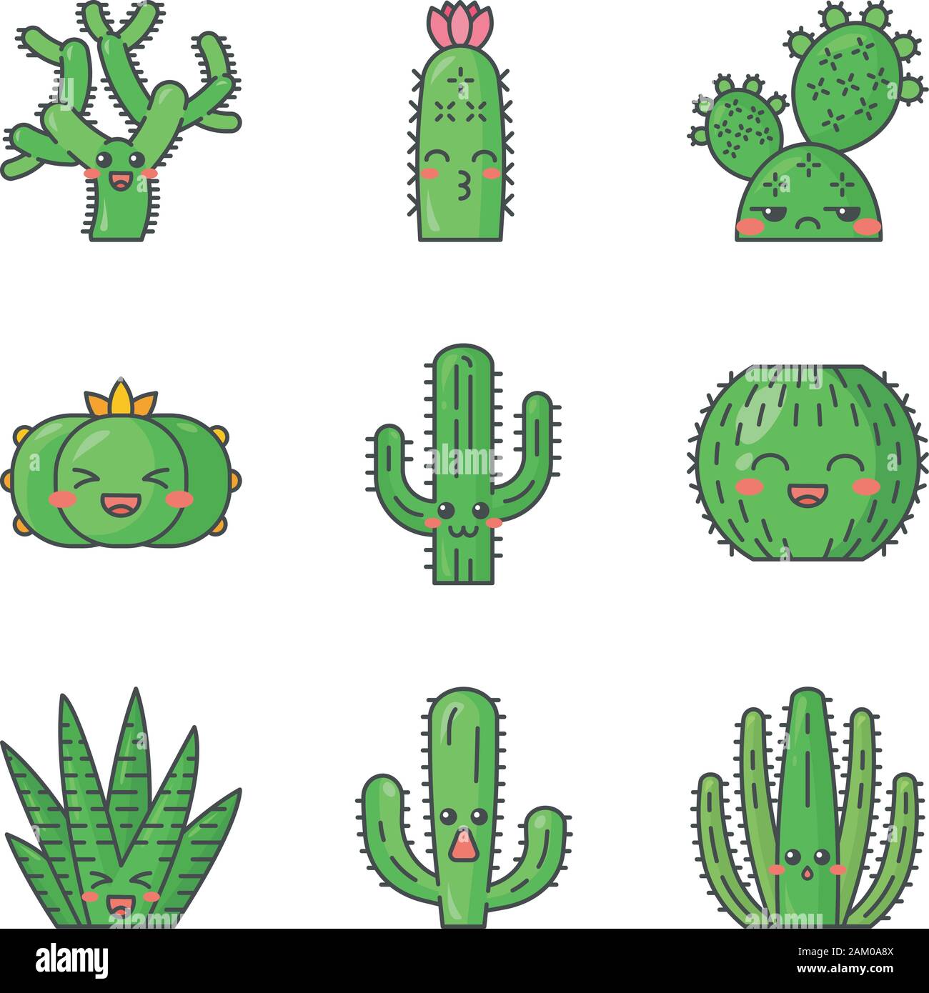 Cactuses Cute Kawaii Vector Characters Plants With Smiling Faces Laughing Barrel And Peyote 5409