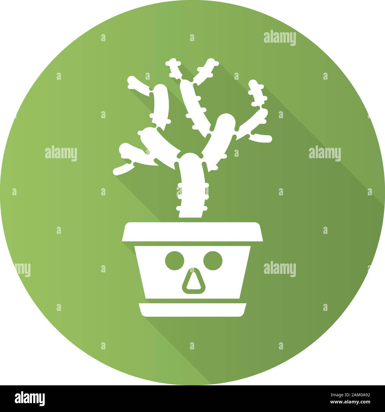 Teddy bear cholla flat design long shadow glyph icon. Cactus with astonished face. Unhappy Cylindropuntia. Home cacti in pot. Tropical plant. Succulen Stock Vector