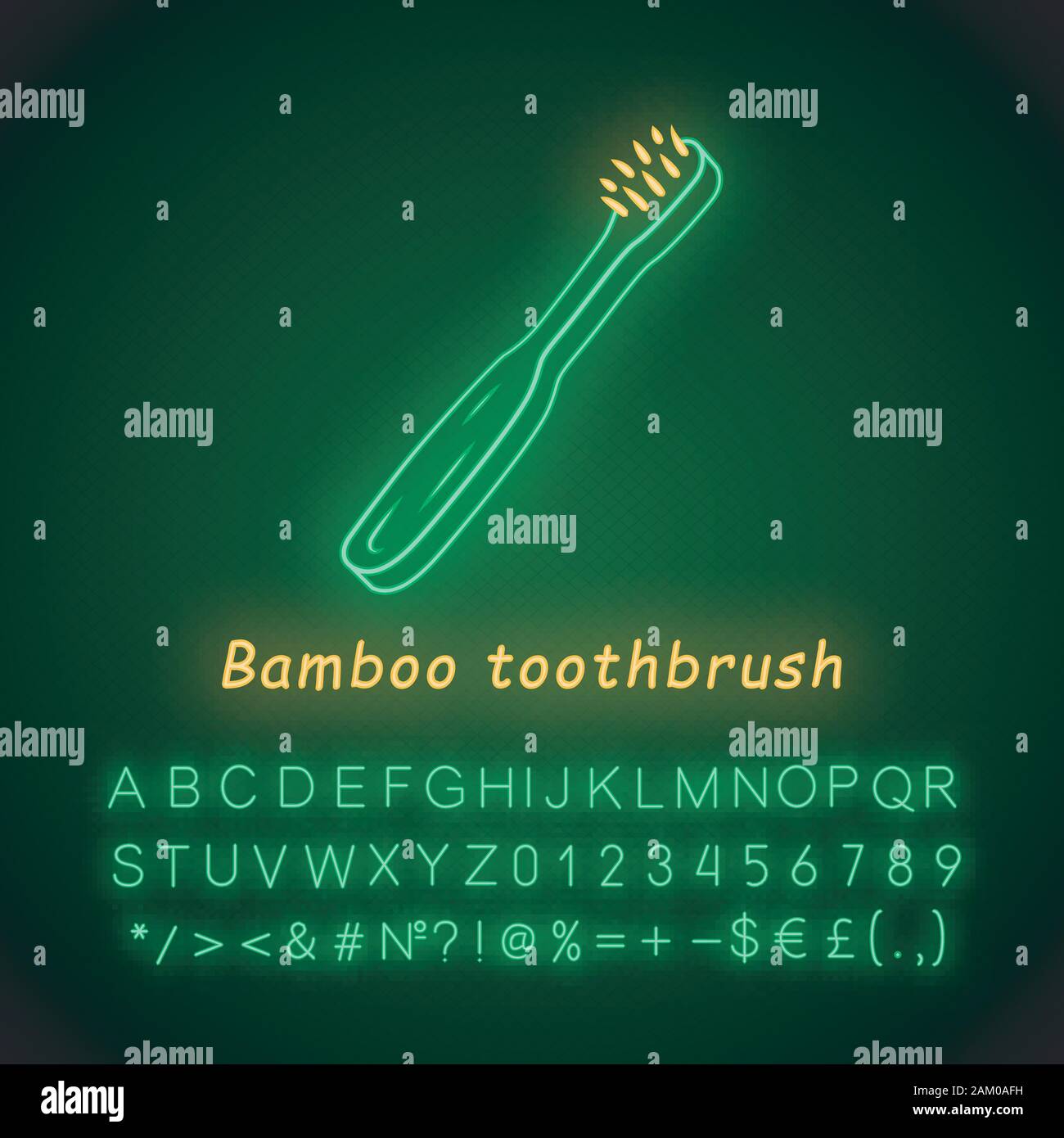 Bamboo toothbrush neon light icon. Eco friendly material. Wooden teeth cleaning tool. Dental care product. Eco brush. Glowing sign with alphabet, numb Stock Vector
