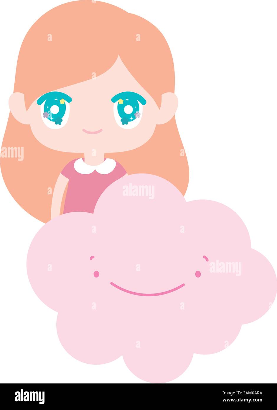 kids, cute little girl anime with cloud cartoon vector illustration ...