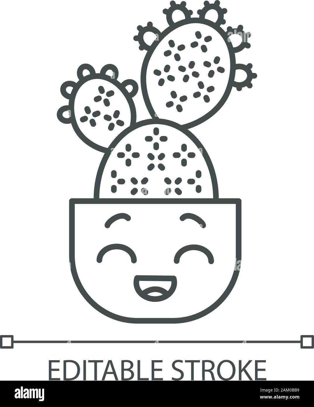 Prickly pear cactus cute kawaii linear character. Cactus with laughing face. Opuntia. Home cacti in pot. Mexican happy plant. Thin line icon. Vector i Stock Vector