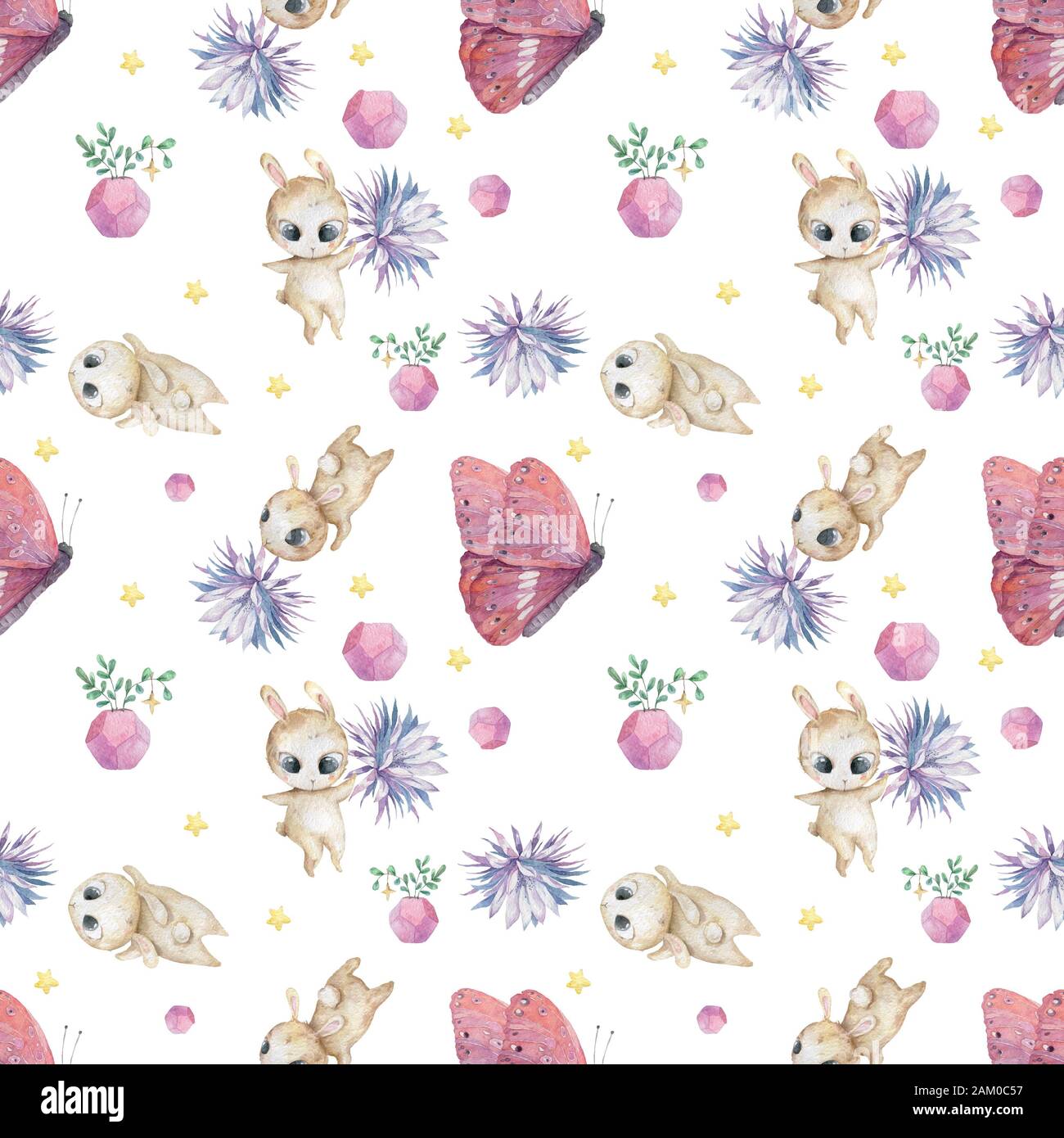 Watercolor seamless pattern with cute bunny with flowers pink ...