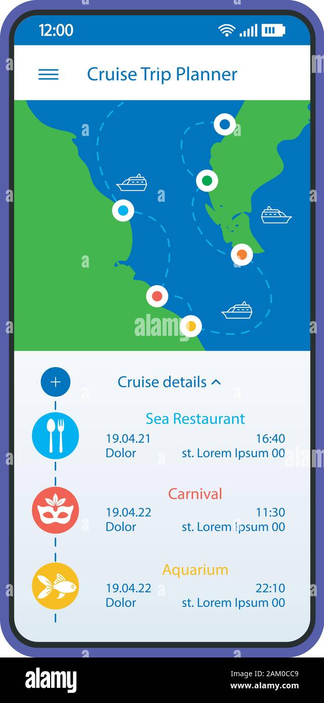 Cruise trip planner smartphone interface template. Vacation travel