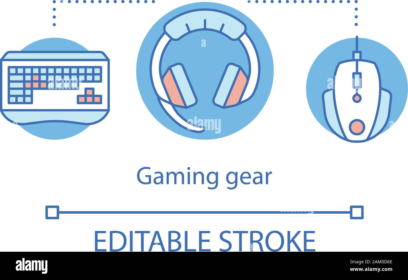 Gaming gear concept icon. E sports accessories. Gamer equipment. Keyboard, headset, gaming mouse