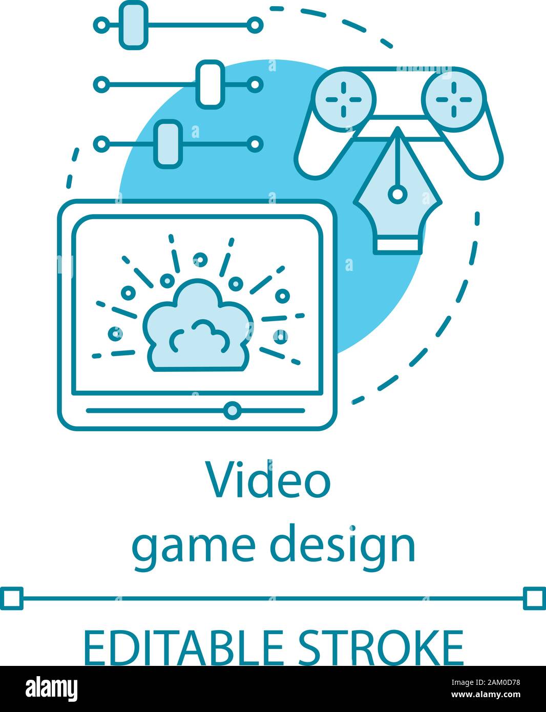 Video game design concept icon. Gamepad screen, controller, sliders. User interface creation. Change settings idea thin line illustration. Vector isol Stock Vector