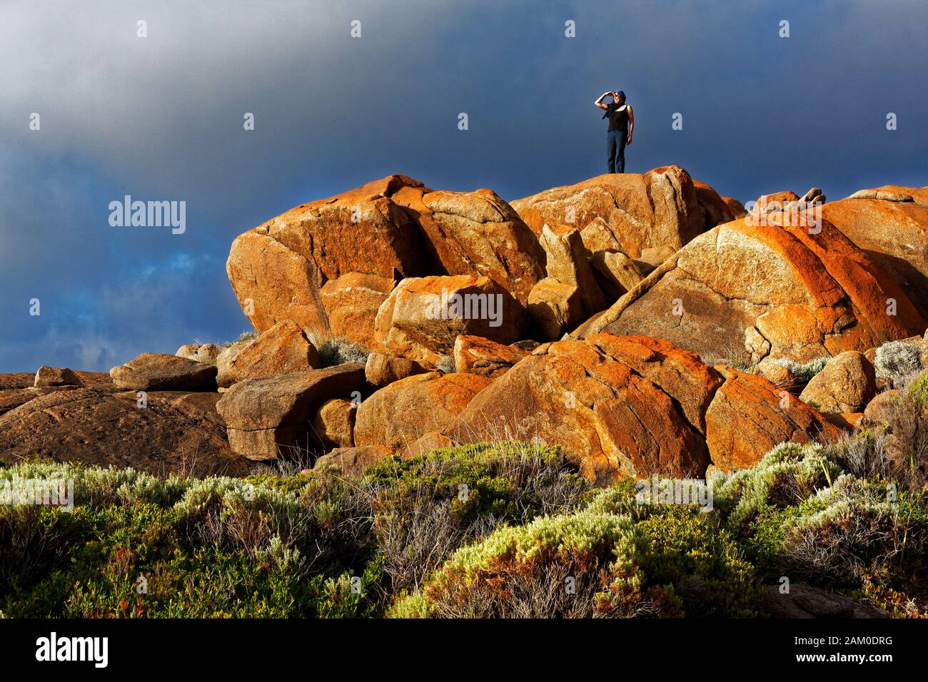 Woman overlooking Landscape from Granite stone formations, Augusta, Western Australia Stock Photo
