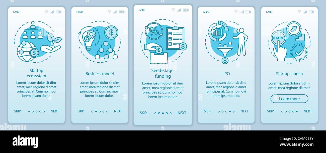 Startup investment onboarding mobile app page screen with linear concepts. Business funding, budgeting walkthrough steps graphic instructions. UX, UI, Stock Vector