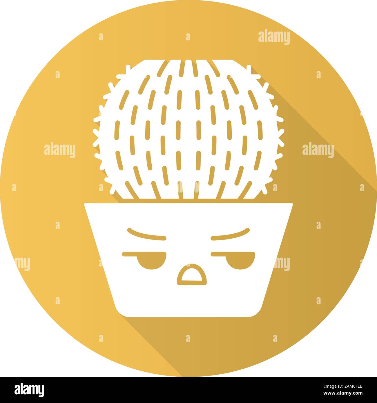 Barrel cactus flat design long shadow glyph icon. Cactus with angry face. Echinocactus home cacti in pot. Unhappy plant with frowning eyebrows. Succul Stock Vector