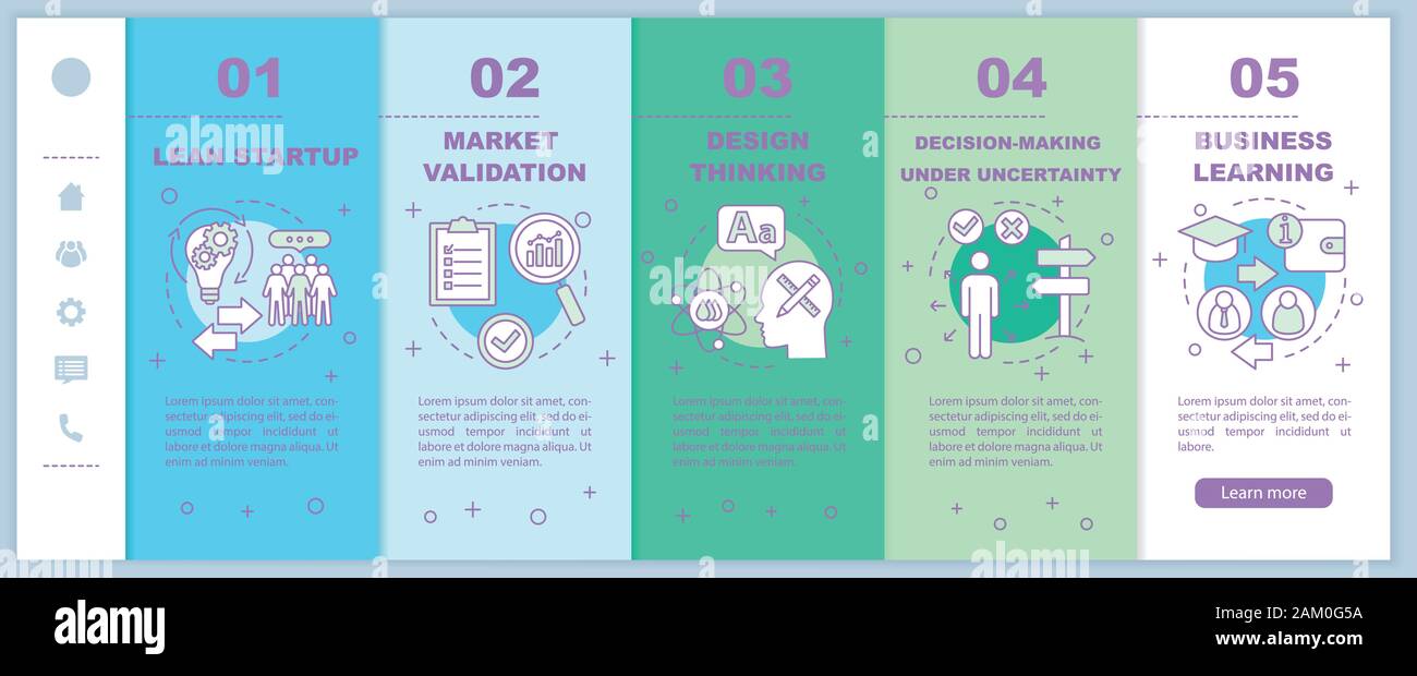 Startup principles onboarding mobile web pages vector template. Business strategy. Responsive smartphone website interface idea with linear illustrati Stock Vector