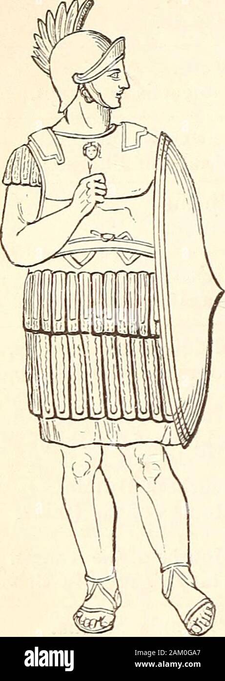A dictionary of Greek and Roman antiquities.. . 423 ; Varr. De Ling. Lot.v. 19, ed. Midler ; Festus, s. v.) According toother accounts, however, the Greeks obtained the shield, as well as the helmet, from the Eg)-ptians(Herod, iv. 180 ; Plat. Tim. p. 24, b.) The shield used by the Homeric heroes waslarge enough to cover the whole man. It wassometimes made of osiers twisted together, calledtVea, or of wood: the wood or wicker was thencovered over with ox hides of several folds deep,and finally bound round the edge with metal.(Horn. II. xii. 295.) The outer rim is termed&/tv| (//. xviii. 479), f Stock Photo