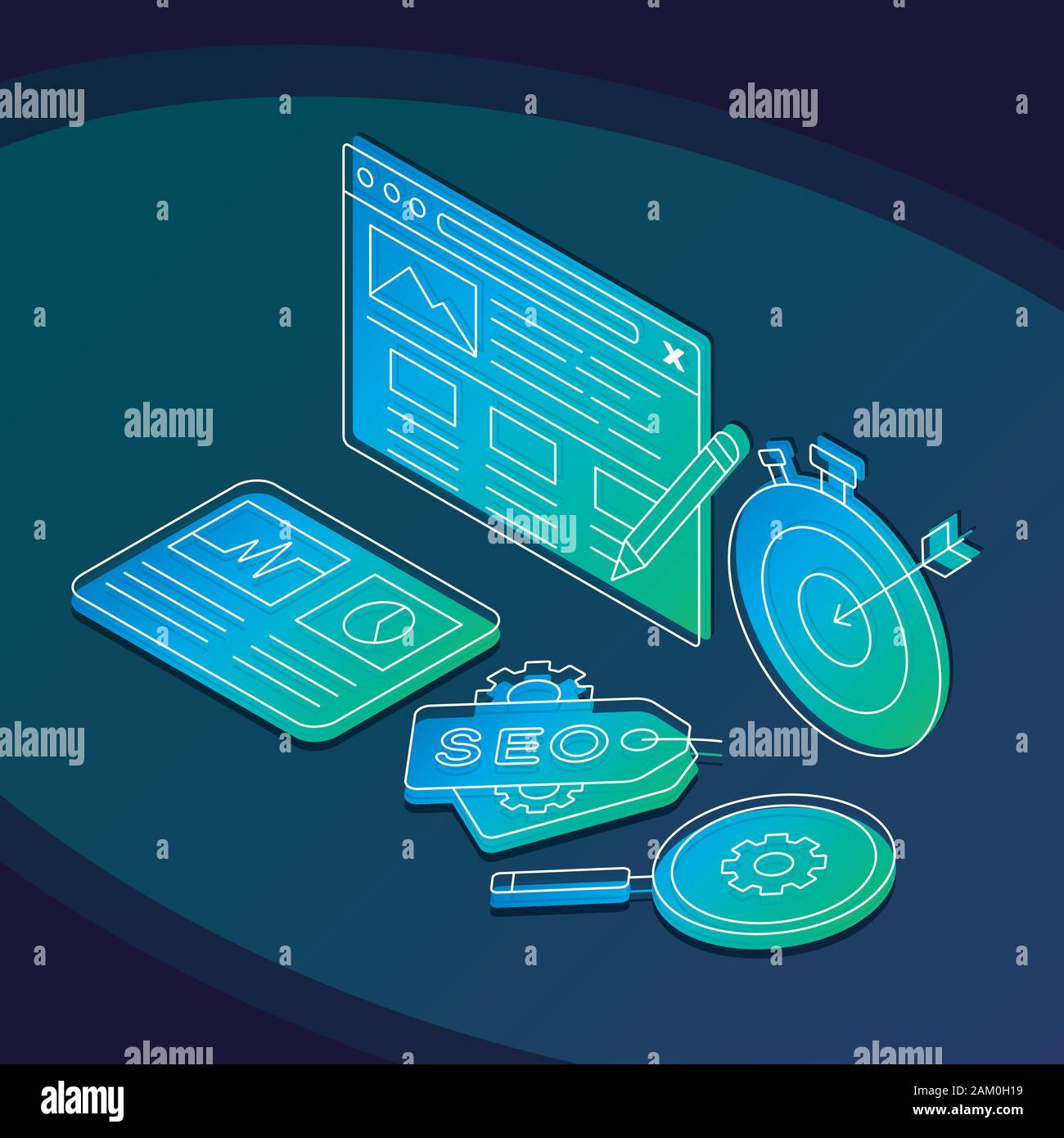 SEO isometric vector illustration. Digital marketing linear icons infographic. Search engine optimization 3d concept. Traffic conversions. Target ads, Stock Vector