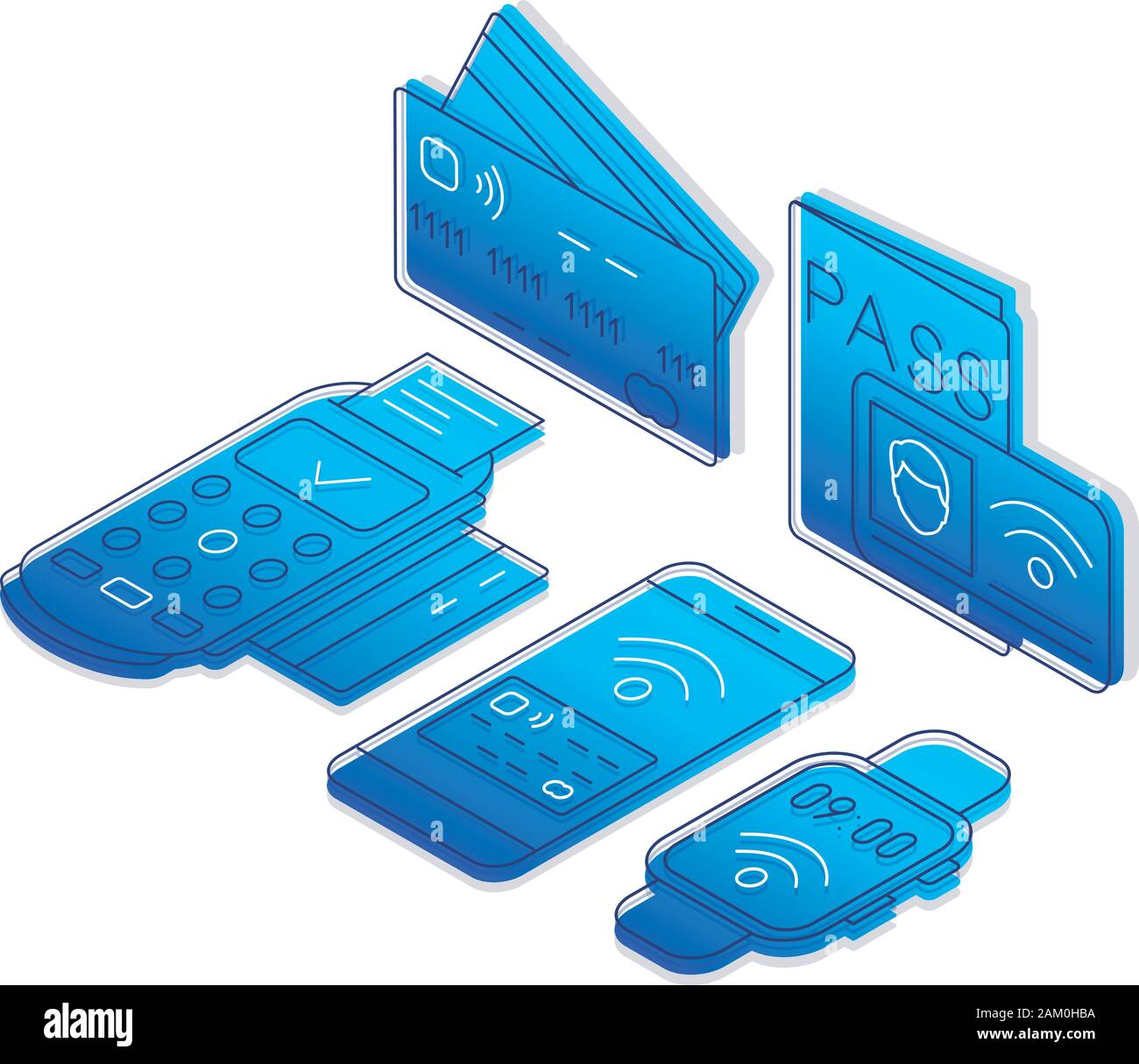 NFC technology isometric color vector illustration. Cashless electronic payments linear icons infographic. Contactless transactions 3d concept. Near f Stock Vector