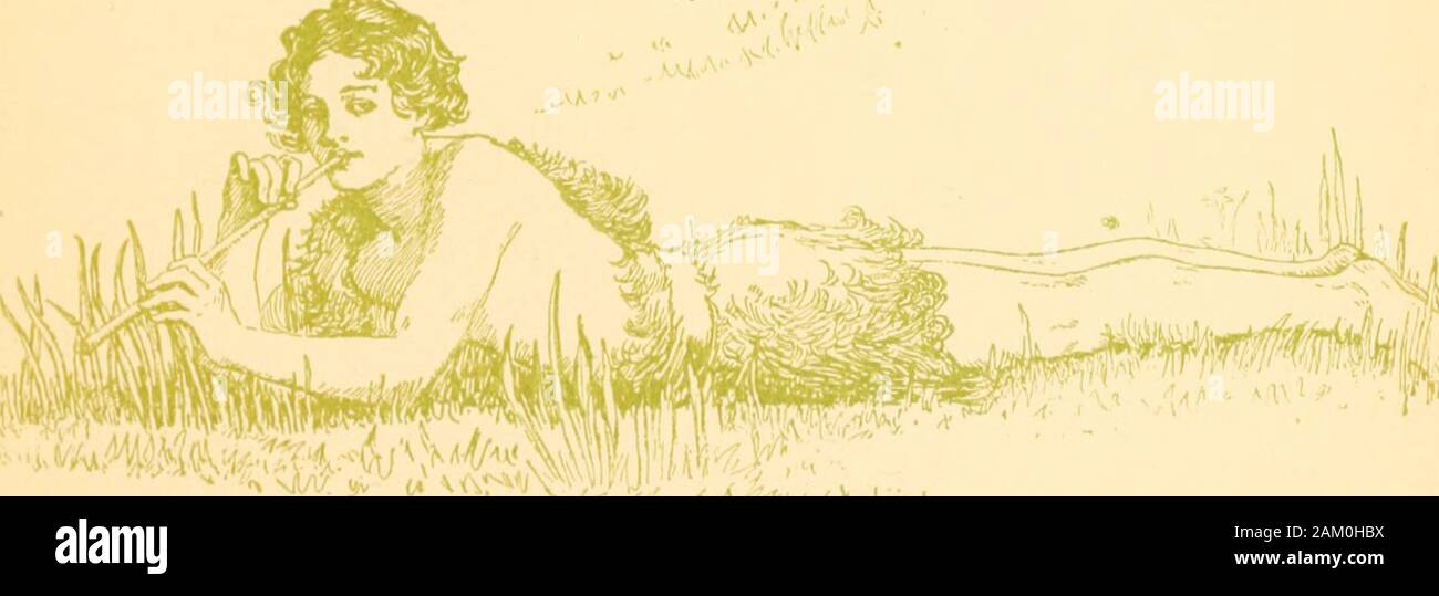 Under the trees . dWT^^ A/V. ^-Vi ^^ / • - Then, scmutimes, in that silence, while he hunj>:Listeninjj, u ,i;eMtie shock of mild surpriseHas carried far into his iieart the voiceOf mountain torrents; or the visible sceneWould enter unawares into his mindWith all its solemn ima.uery, its rocks,Its woods, and that uncertain heaven, receivedInto the bosom of the steady lake. Stock Photo