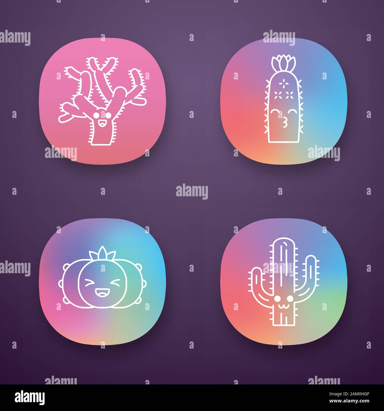 Cactuses app icons set. Plants with smiling faces. Laughing peyote
