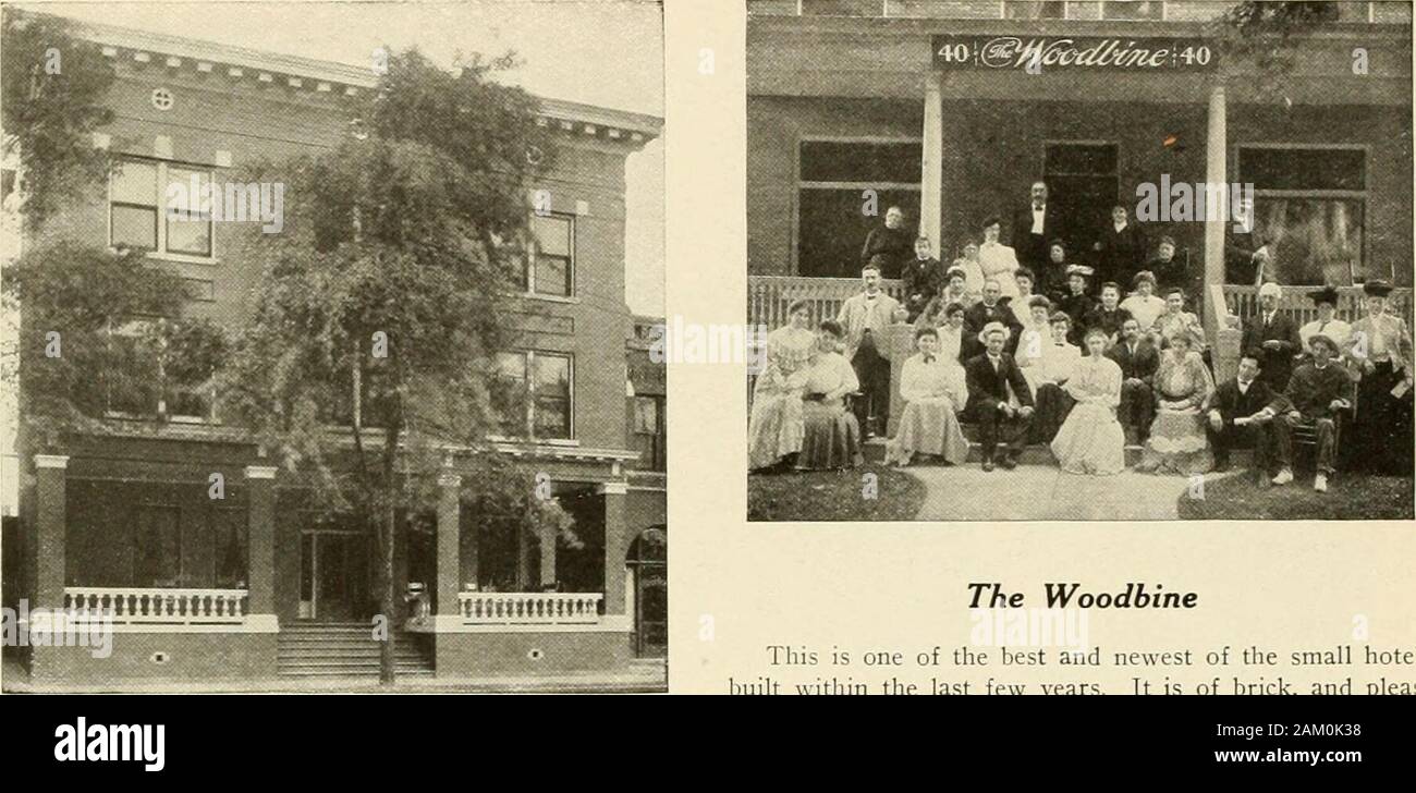 Cutter's official guide to Mount Clemens, Mich., and its world famous mineral baths . Crystal Huube 59. The Capron This house has been enlarged and improved. It has recentlybeen connected with the Clementine Bath House, having an en-closed passageway to the bathing departnrent. It is located atNo. 19 Walnut St; is heated by steam, and has electric lights andelevator. Rates per week, $7 and upward: table board, $5. Roomsreserved in advance by communicating with Mrs. E. Capron, pro-prietress. The Woodbine This is one of the best and newest of the small hotelsbuilt within the last few years. It i Stock Photo