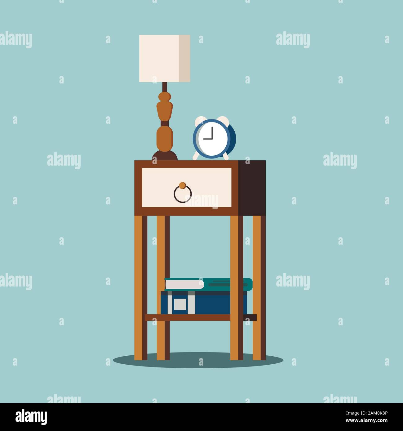 Isolated nightstand with lamp, alarm-clock, books. Stock Vector