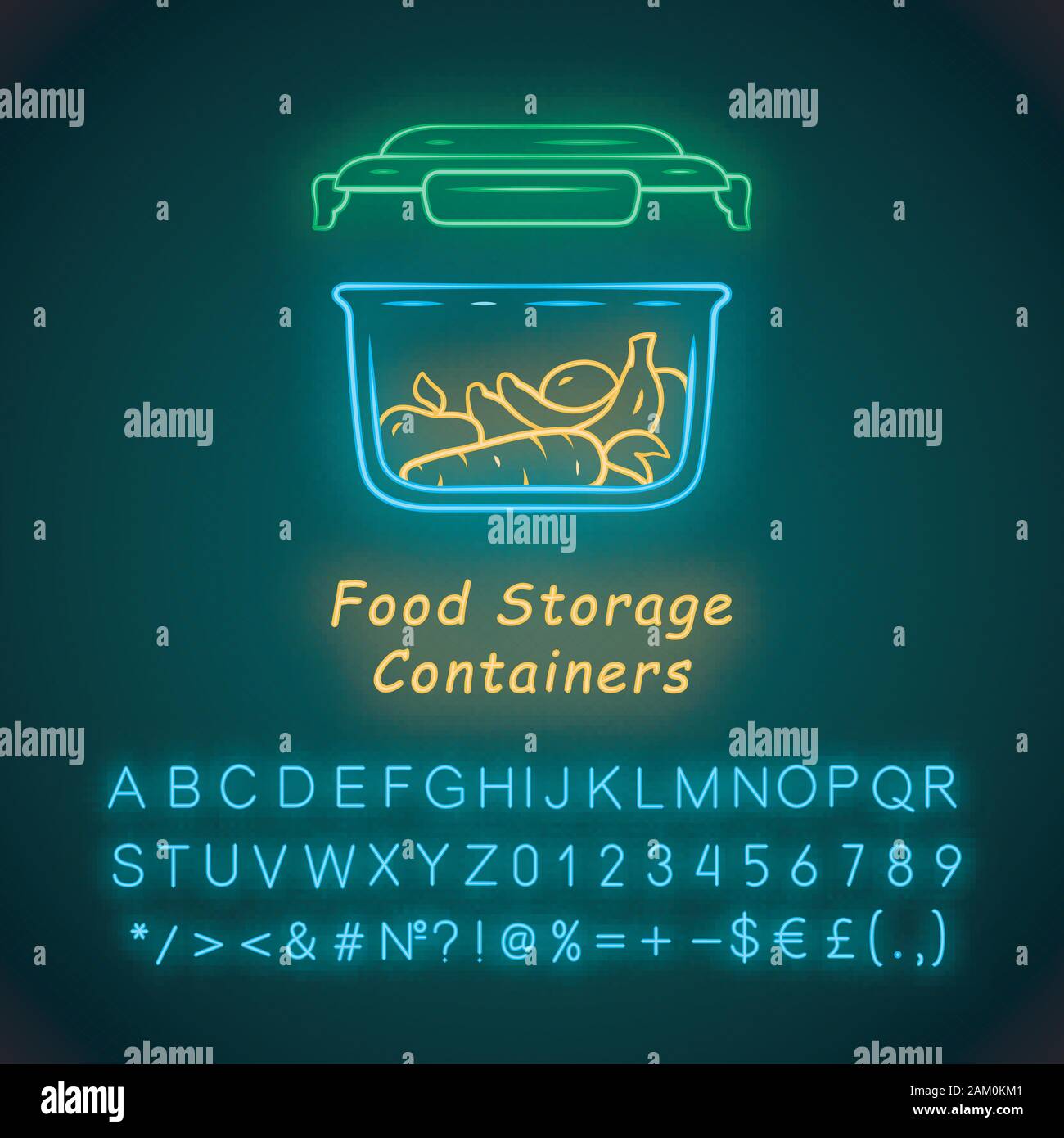 Food storage container neon light icon. Plastic food packaging. Reusable lunch box. Fresh fruits