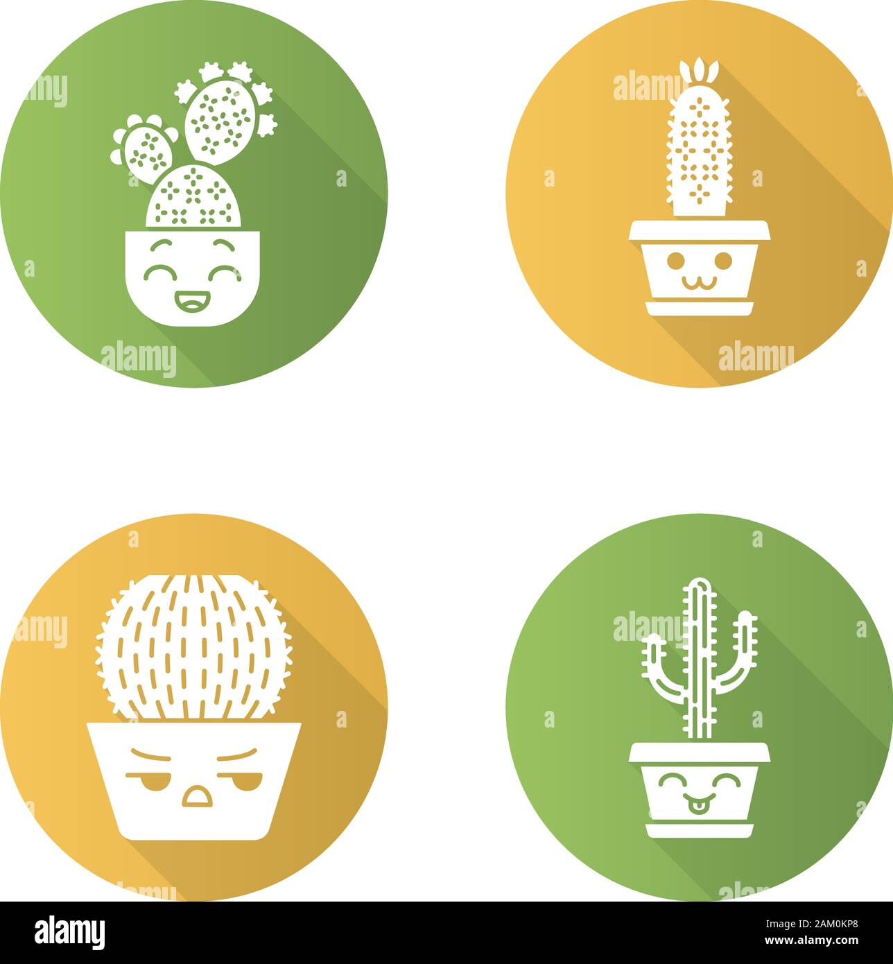 Cactuses flat design long shadow glyph icons set. Plants with smiling ...