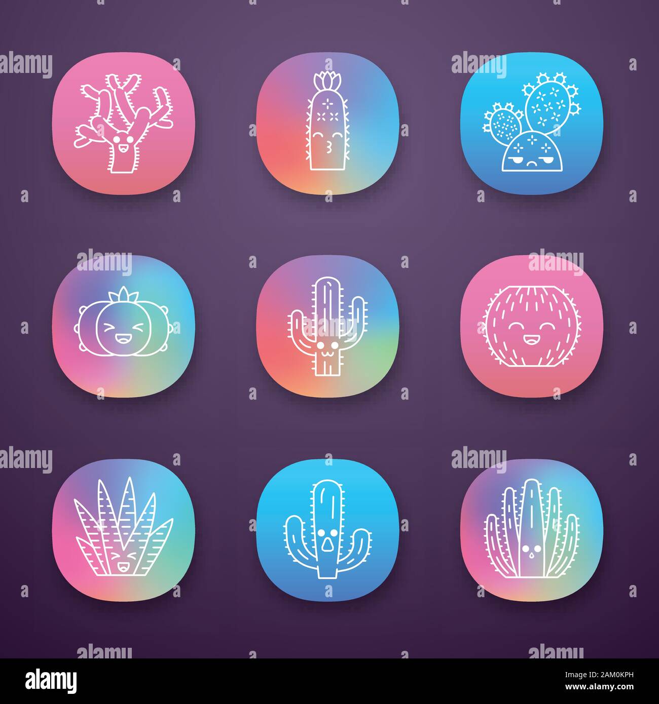 Cactuses app icons set. Plants with smiling faces. Laughing barrel and