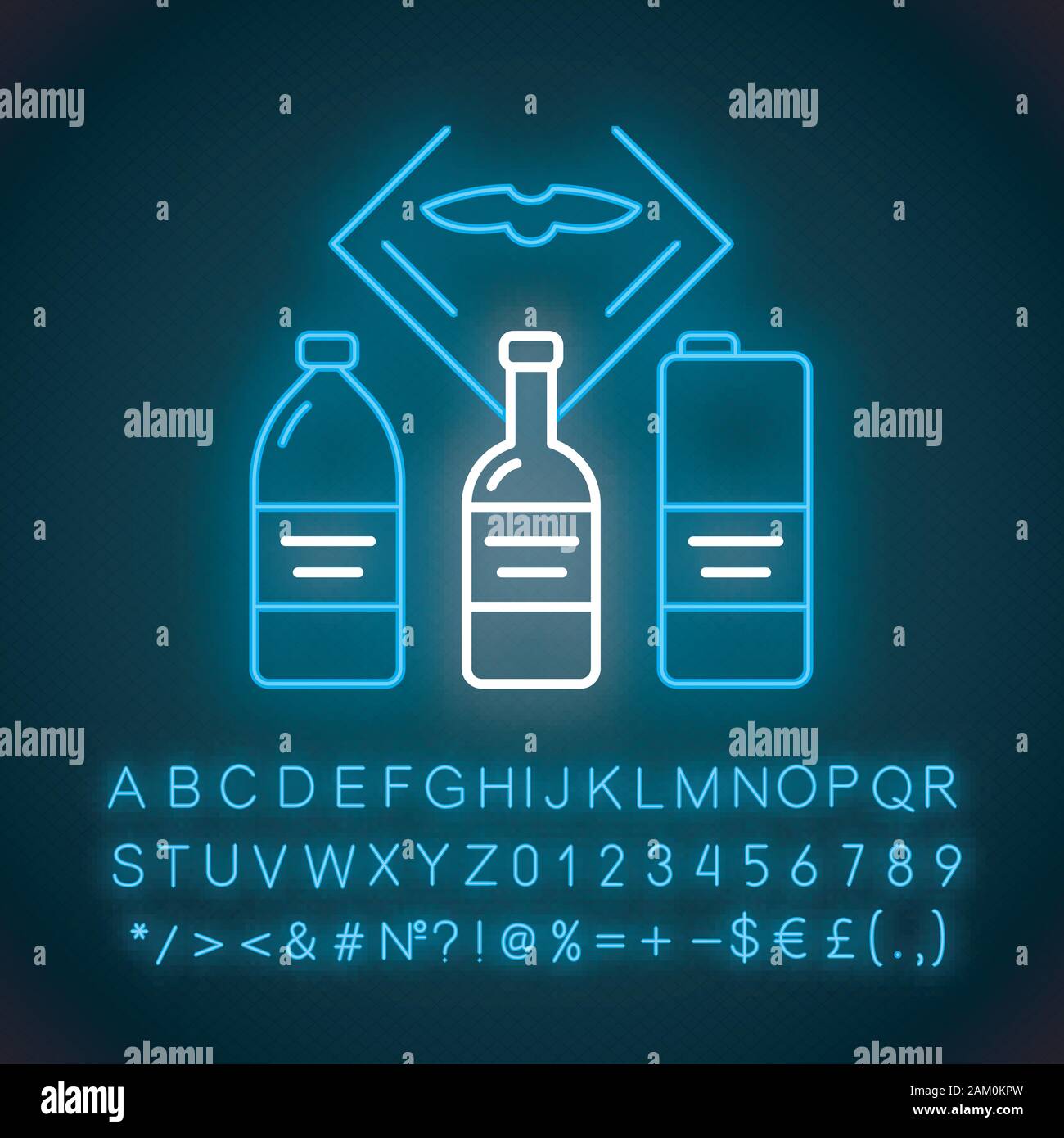 Flight drinks neon light icon. Pure water in bottle. Airplane alcohol. Plane nutrition. Jet menu