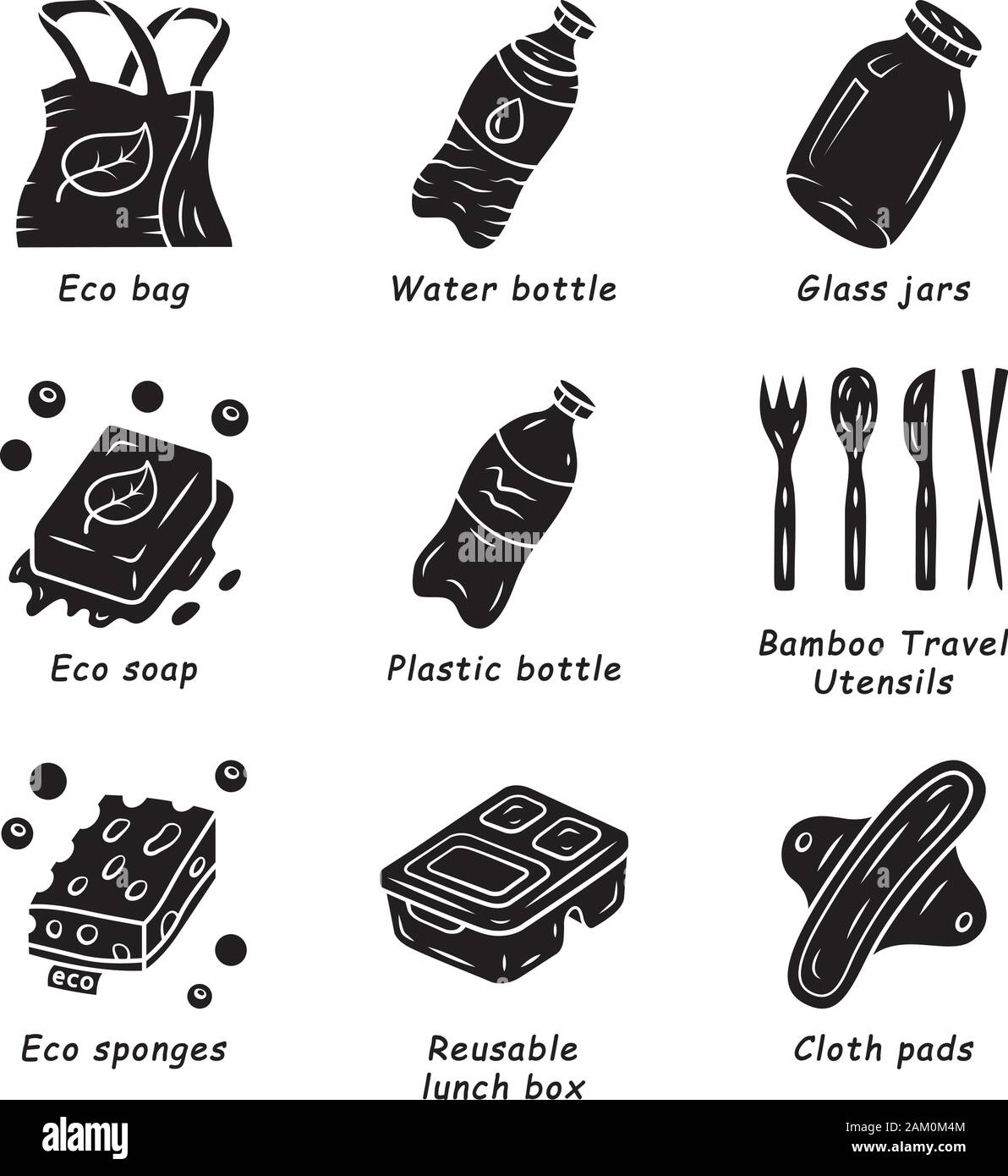 Zero waste swaps handmade glyph icons set. Eco friendly, recycle products, materials. Reusable lunch box, eco sponges, plastic bottle. Silhouette symb Stock Vector