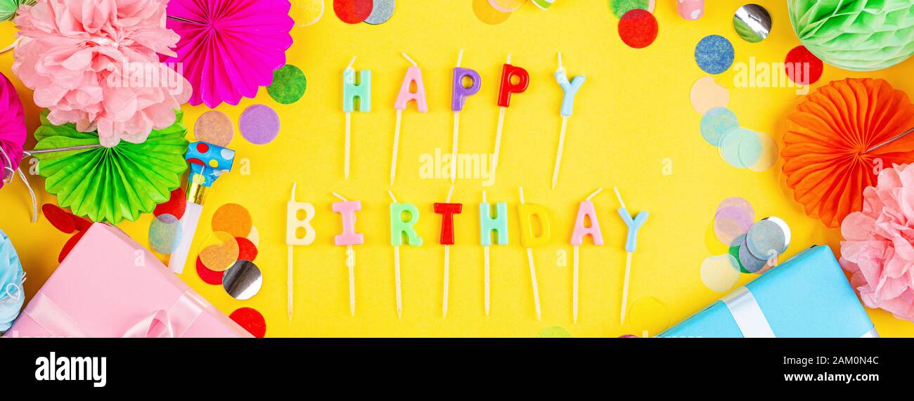 Download Happy Birthday Greeting Text Maked With Candles And Decorated With Confetti On Yellow Background Top View Flat Lay Style Mockup Template Stock Photo Alamy