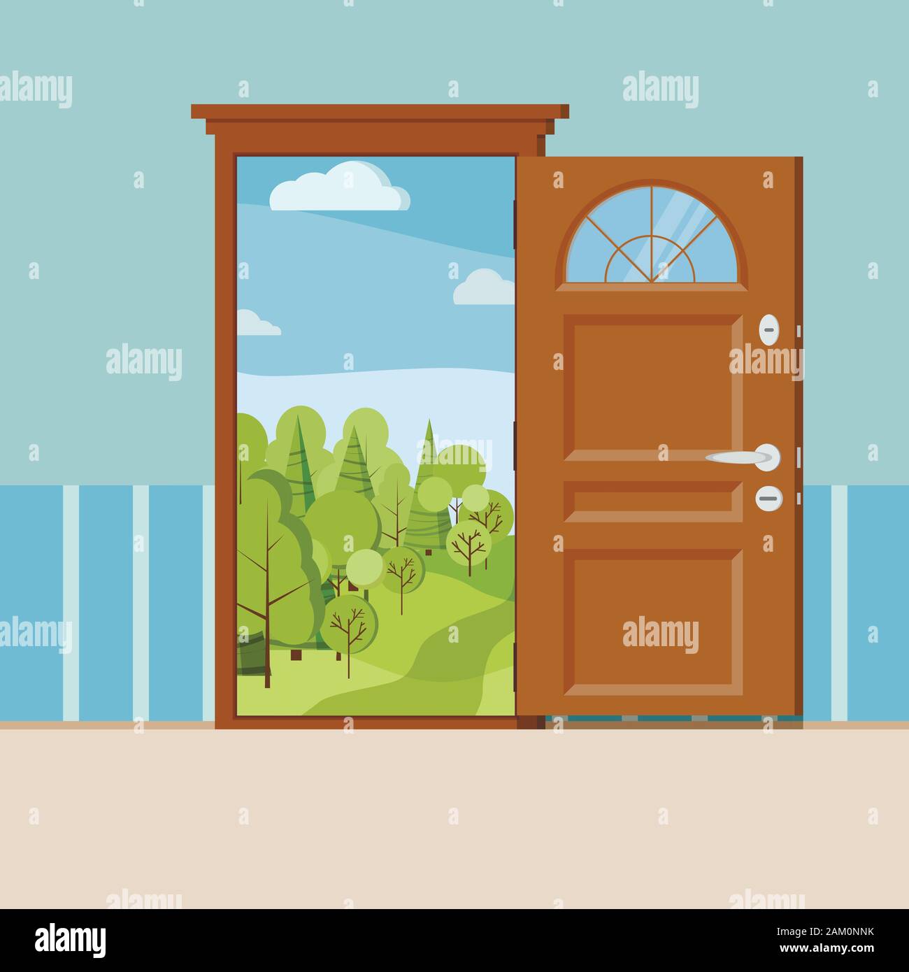 Cartoon summer or spring forest landscape wood door view. Stock Vector