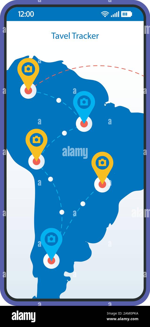 Travel tracker app smartphone interface vector template. Mobile trip planner page design layout