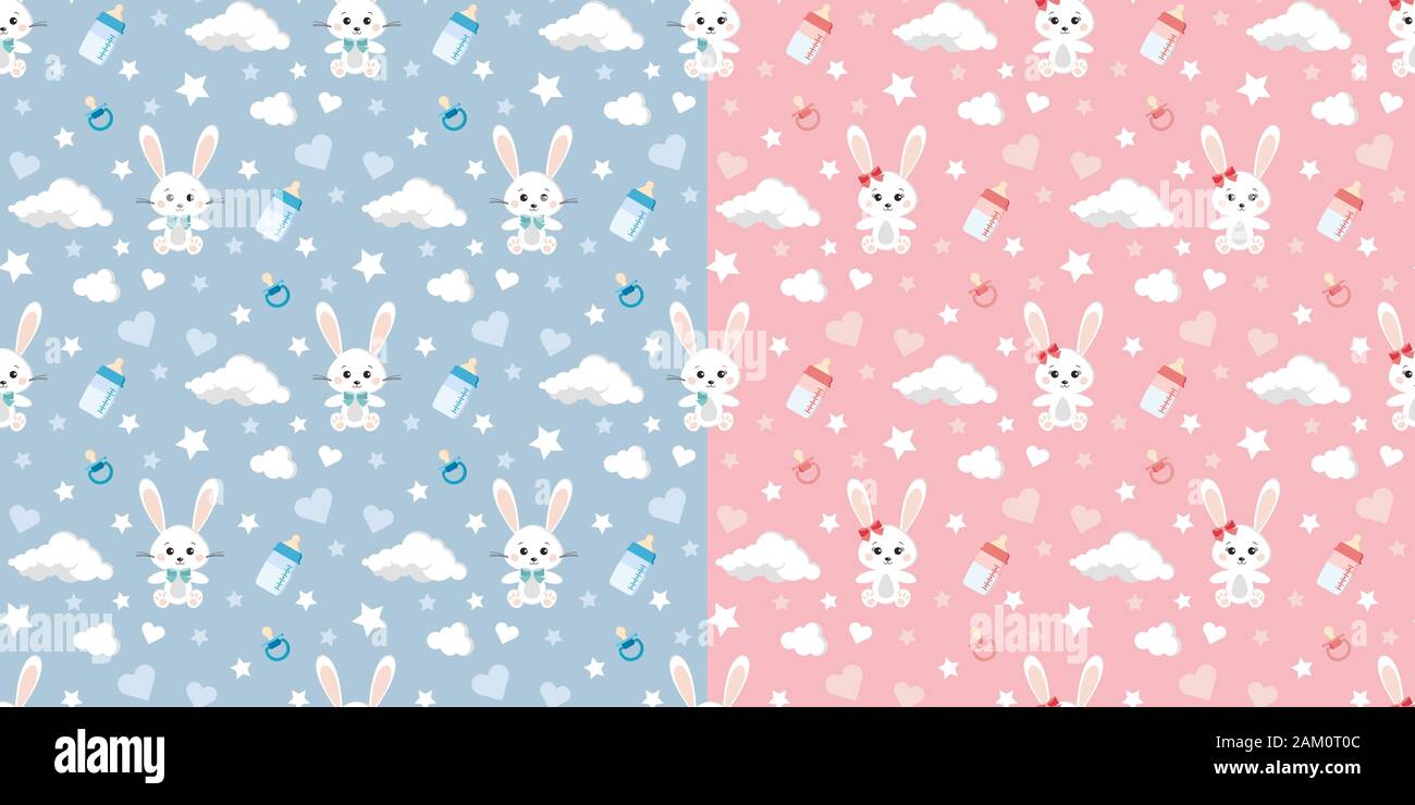 Vector seamless pattern set with rabbit, clouds, stars, dummy, baby bottles on blue and pink background for boy and girl Stock Vector