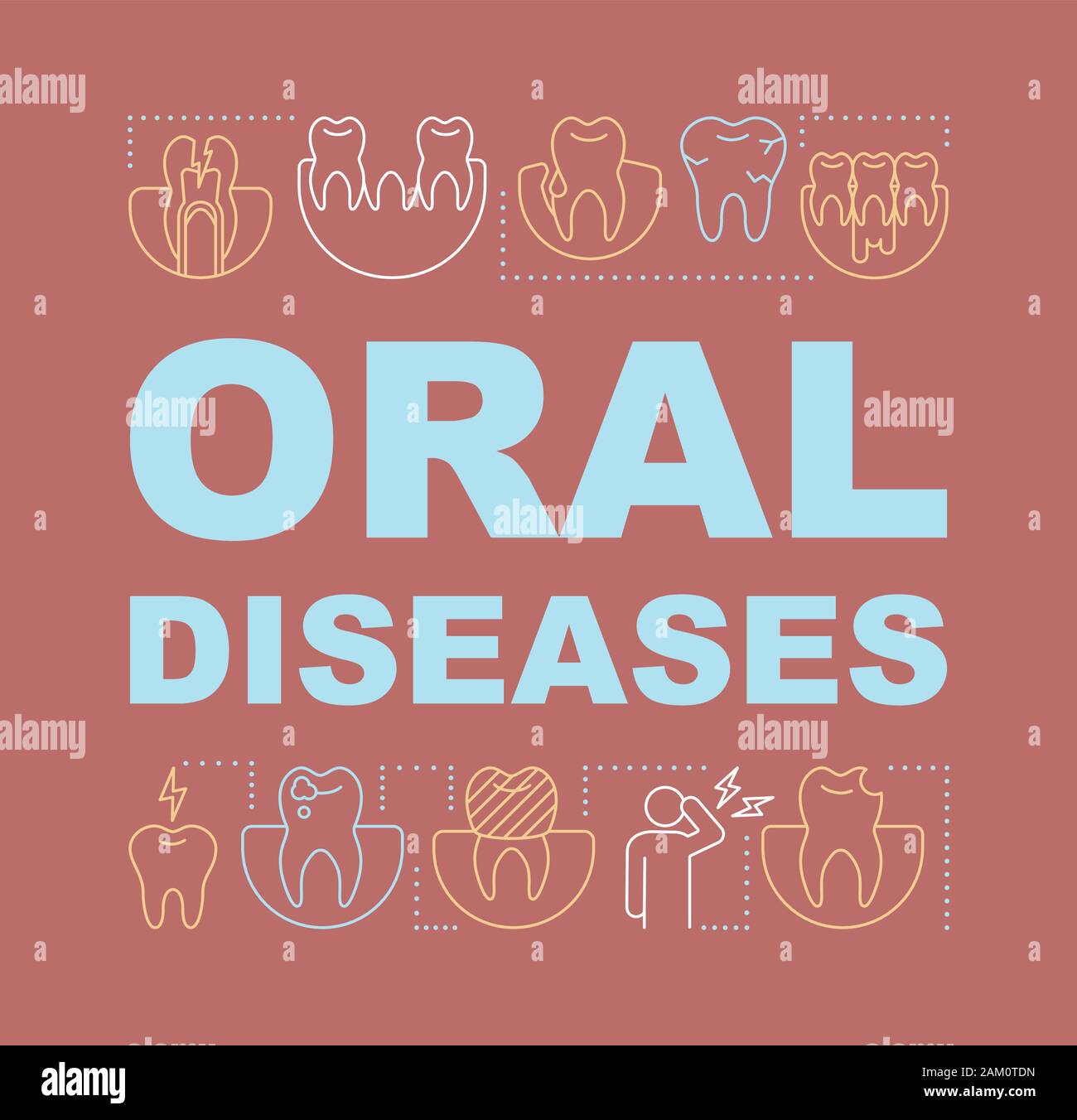 Oral diseases word concepts banner. Caries and mechanical damage. Tooth