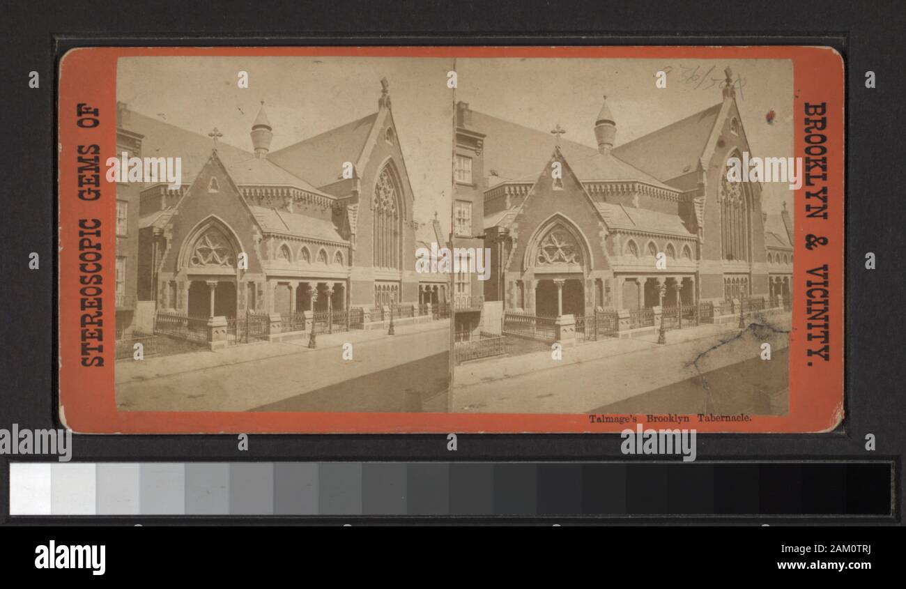 Talmage's Brooklyn Tabernacle  Includes views by B. W. Kilburn, O. C. Smith, Pendleton and other photographers and publishers. Robert Dennis Collection of Stereoscopic Views. Some views have tax stamps affixed. Title devised by cataloger. Views in Brooklyn: Fulton street; a view of elevated railroads; churches: Congregational (Dr. Cuyler's), St. Ann's, Plymouth (Henry Ward Beecher's), one view showing the organ, Talmages Brooklyn Tabernacle, First Unitarian, Christ Church, Methodist Episcopal, including interior view, Clinton St. Congregational, St. Peter's, Grace Church, South Congregational, Stock Photo