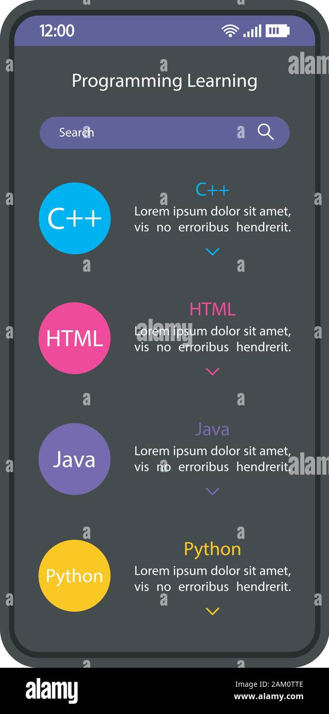 Programming learning smartphone interface vector template. Mobile app ...