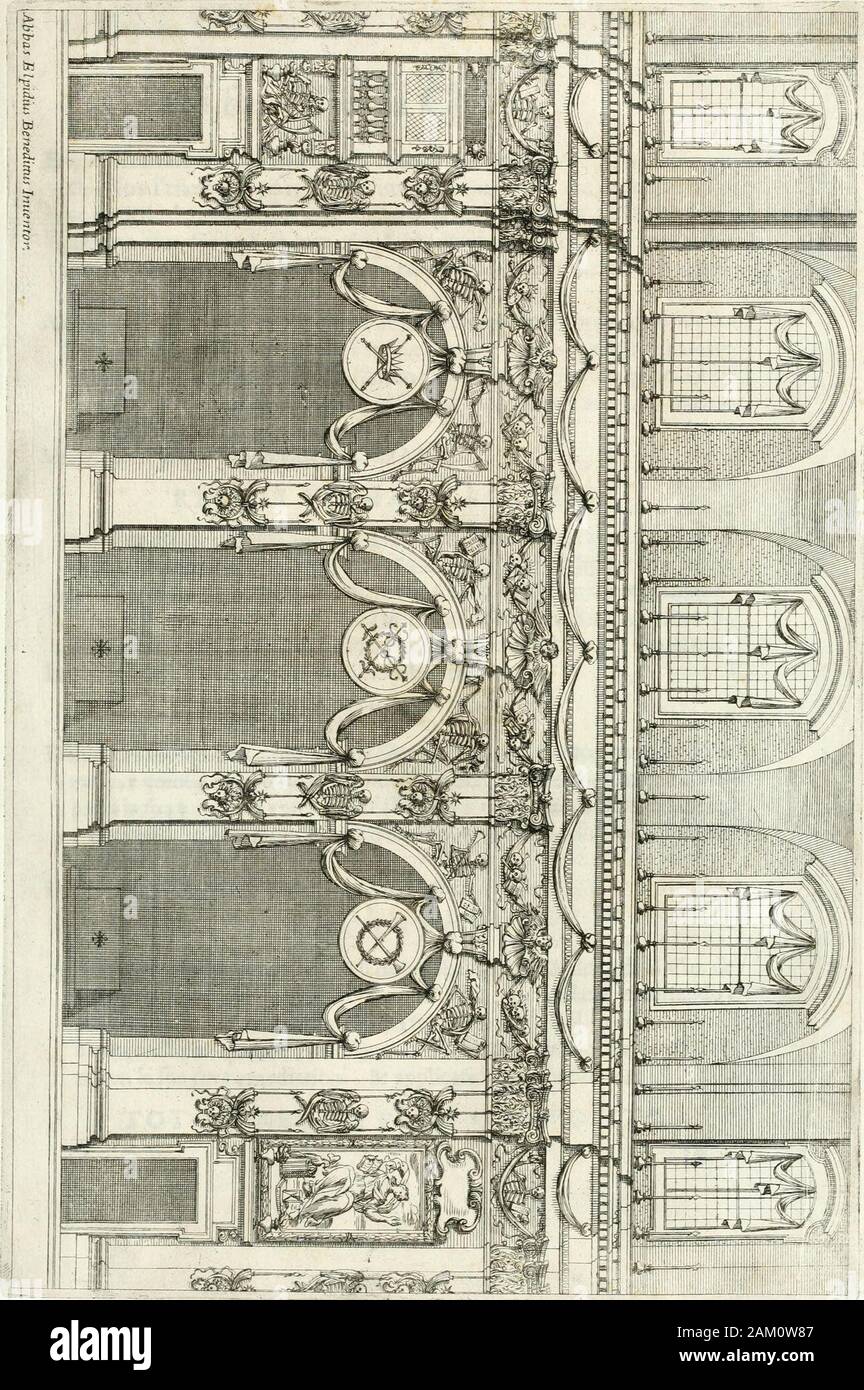 Pompa funebre nell'esequie celebrate in Roma al cardinal Mazarini nella chiesa de SSVincenzo & Anastasio . fuogli faceuano compromctterfi tanto più facili lemende, e le gratitudini jma perche gli huomini fono più procliui al peccare,che al corregger{ì,cosìegli fi trouò fouente, come Cefare, ingannato neircfercitio di quellafua Regia virtù, che diede anche campo alla malignità de Critici dicondannare quefta fua troppo clemente politica; in clpreffione dellaqual virtù fi leggeua nel Cartellone il Motto !uT POTENS NON VINDEX Nelle altre due parti à i fianchi dellAltare alTìfteuano due altre pelle Stock Photo