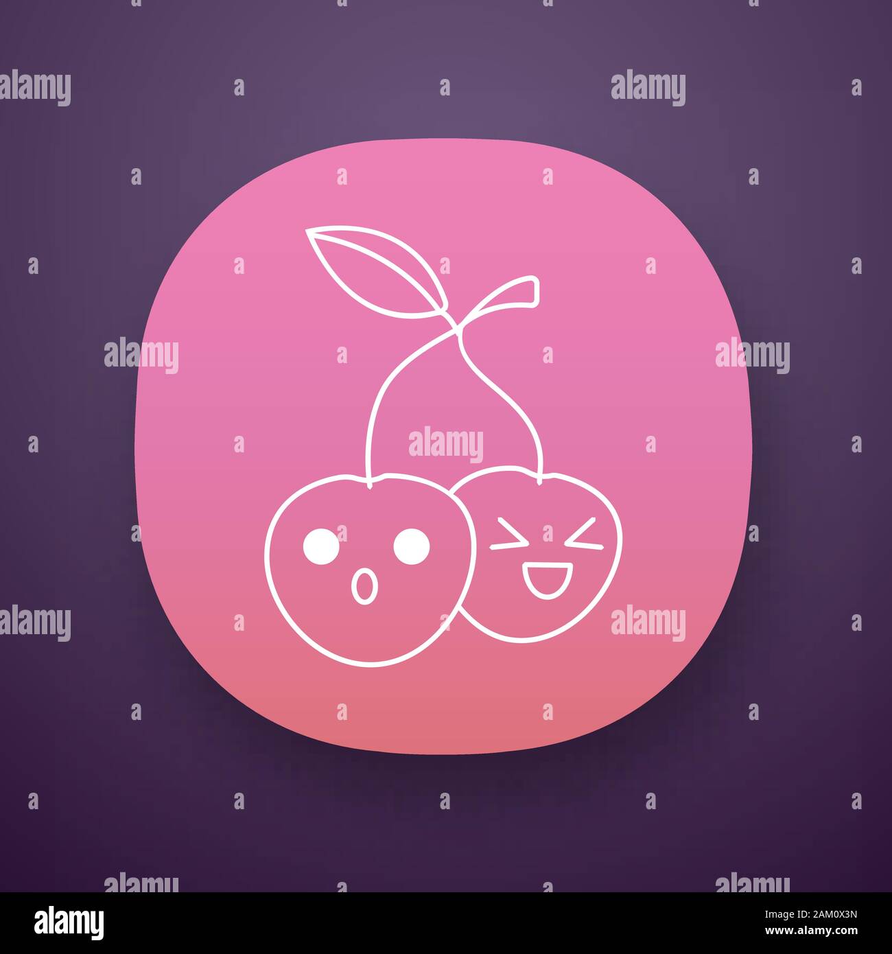 Cherries cute kawaii app character. Happy and astonished berries with