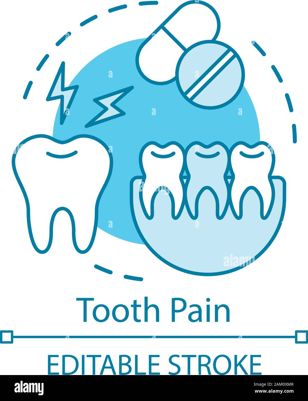 Tooth pain concept icon. Tooth hurts, painkillers, jaw fragment. Taking