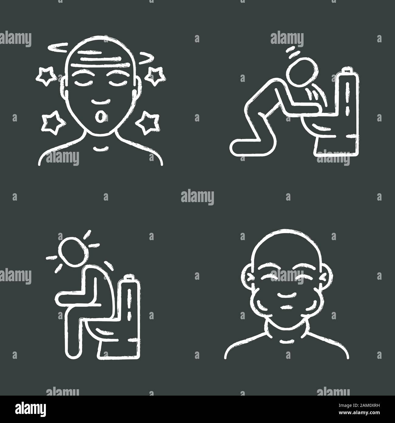 Food poisoning, allergy symptoms chalk icons set. Vomiting, diarrhea, constipation. Swelling, dizziness allergic reaction. Mumps, flu fever. Isolated Stock Vector