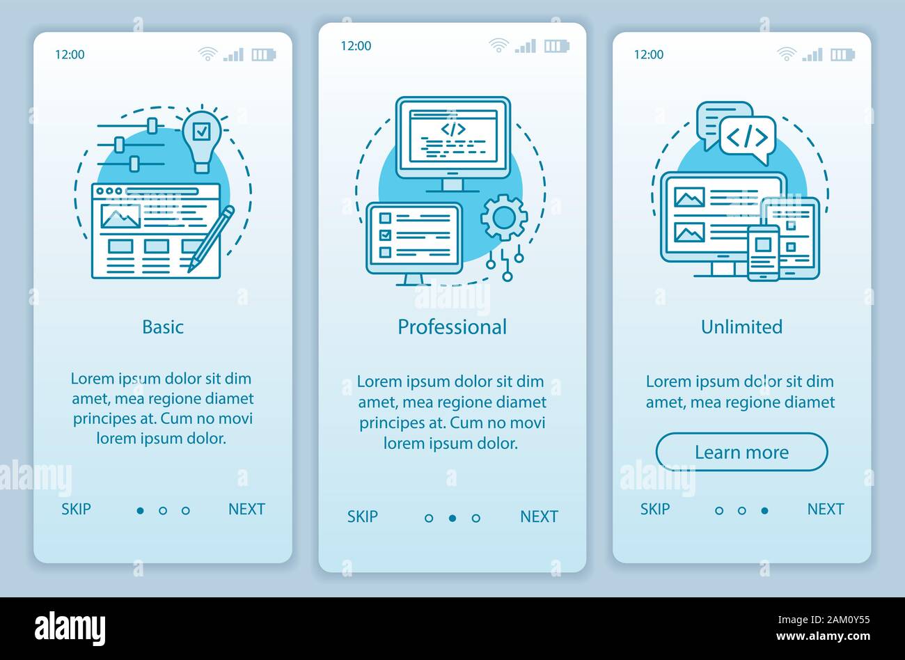 Website builder pricing onboarding mobile app page screen vector template. Basic, professional tariffs. Walkthrough website steps with linear illustra Stock Vector
