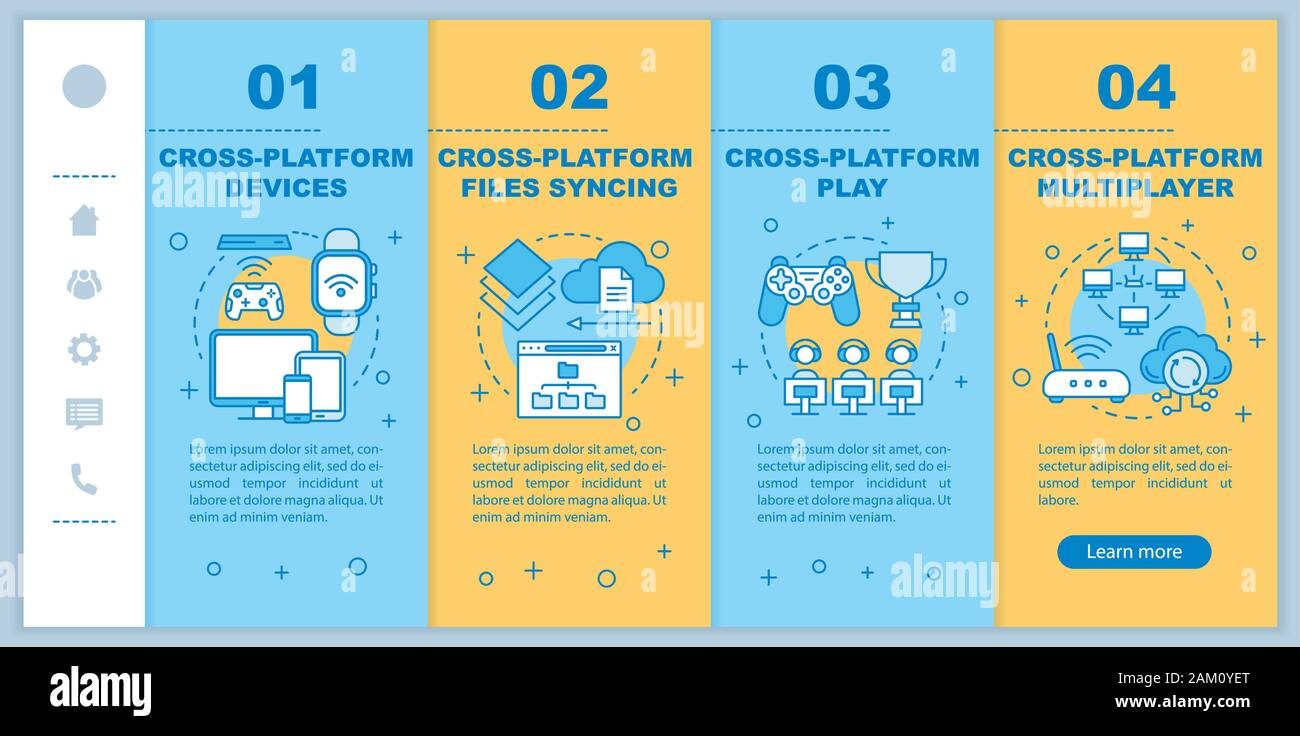 Cross platform multiplayer onboarding mobile web pages vector template. Responsive smartphone website interface idea with linear illustrations. Webpag Stock Vector