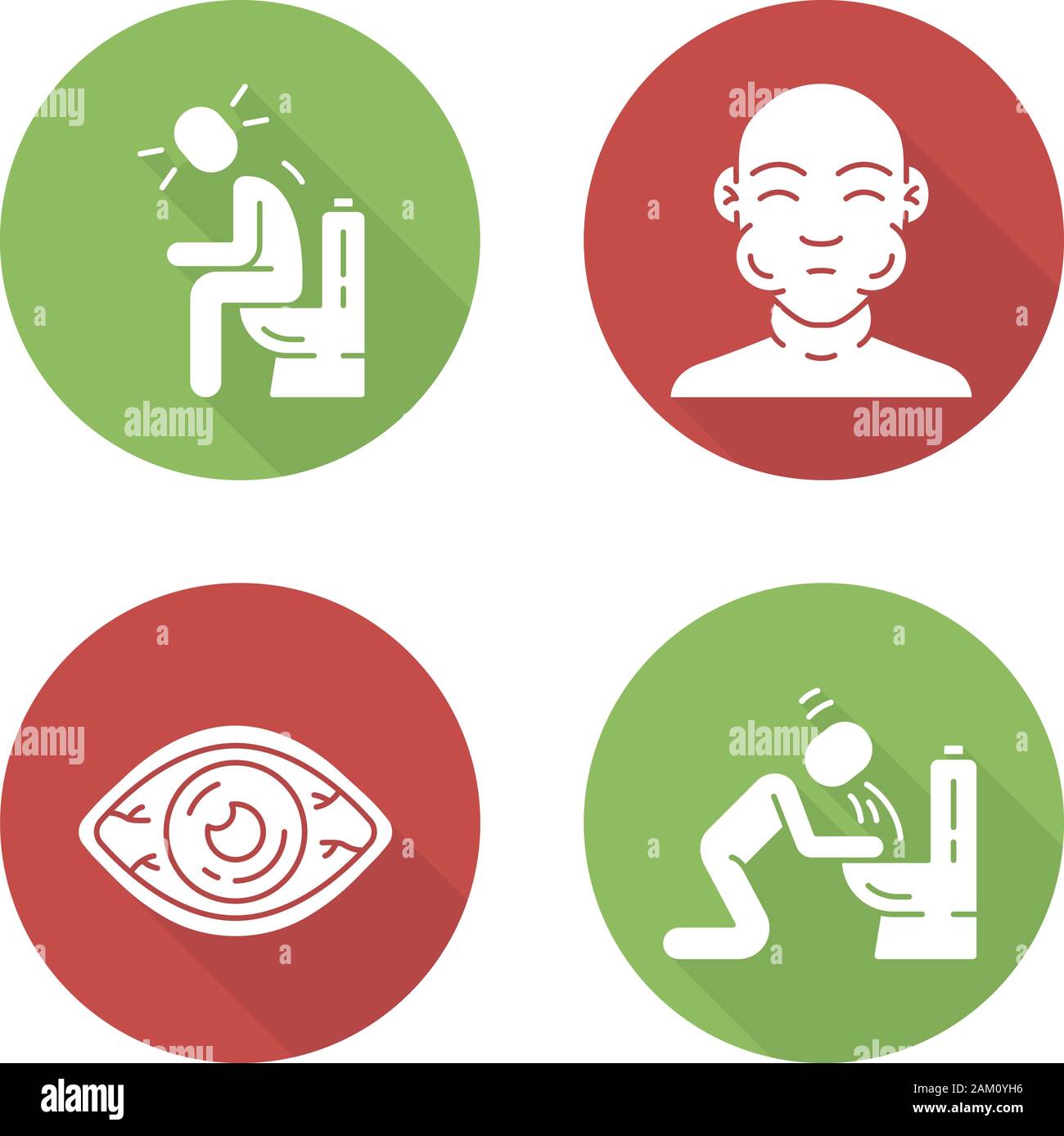 Food allergy symptoms flat design long shadow glyph icons set. Allergic